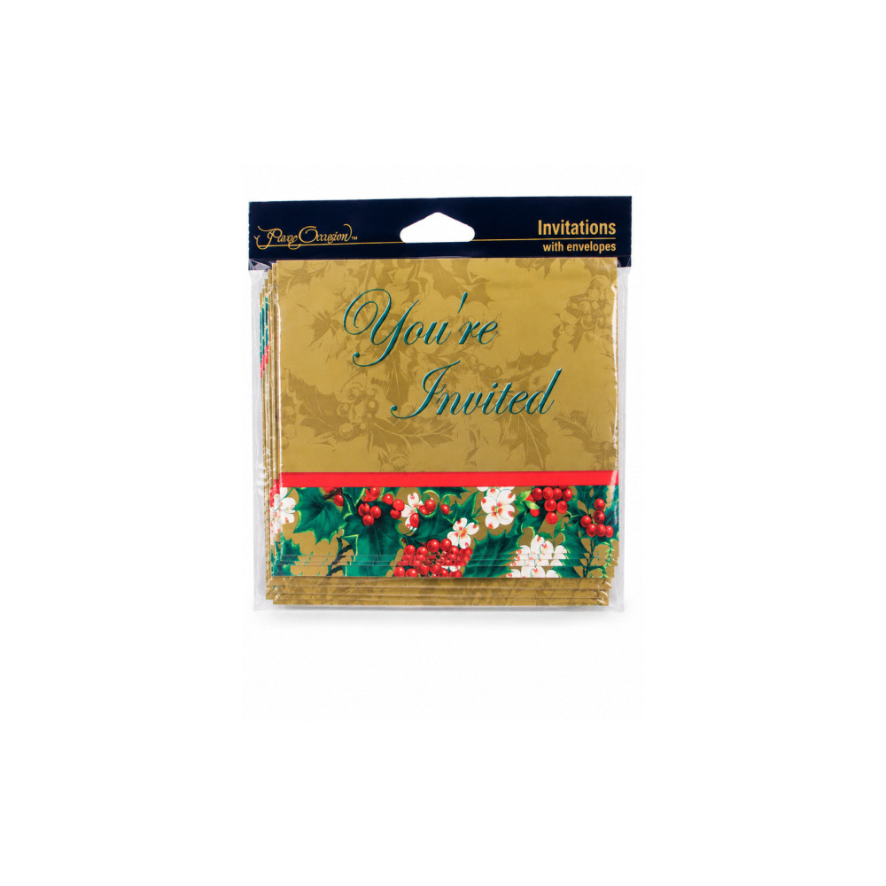 Christmas Holiday Invitations with Envelopes – Gold You're Invited Cards with Holly and Berry Design
